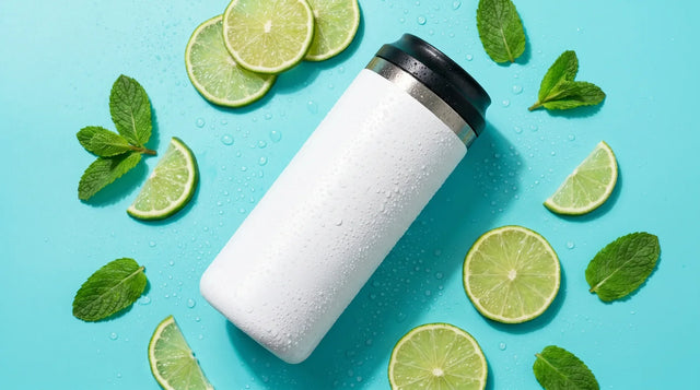 ICEWELL Can Cooler in Weiß mit Limetten und Minze auf türkisem Hintergrund