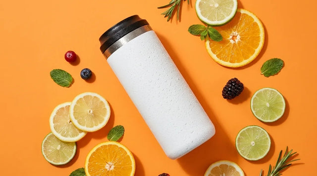 ICEWELL Can Cooler in Weiß im Flatlay mit Orangen- und Limettenscheiben