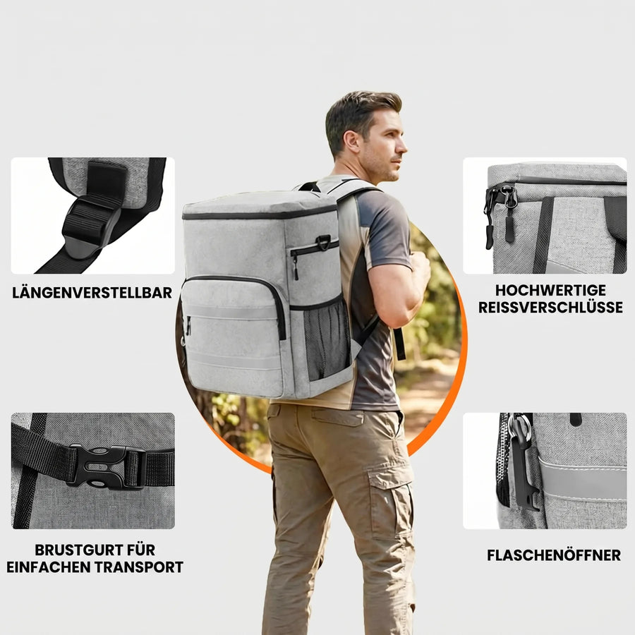 Eola Kühlrucksack – Brustgurt, Reißverschlüsse und Flaschenöffner im Detail – Ansicht 2