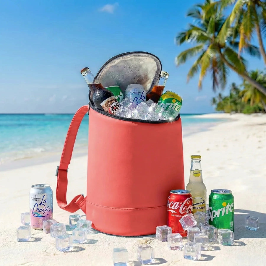 Eola Kühlrucksack Koralle am Strand – gefüllt mit eiskalten Getränken und Eiswürfeln – Ansicht 3