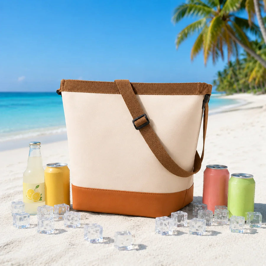 ICEWELL Lotus Kühltasche in Latte am Strand – isolierte Umhängetasche für Picknick und Alltag – Ansicht 8