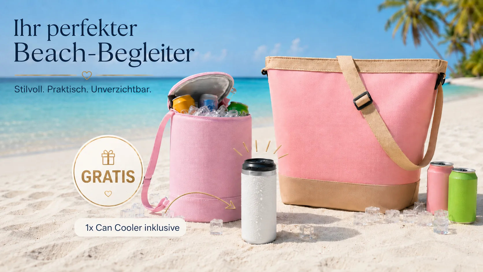 Eola Kühlrucksack + Lotus Kühltasche + ICEWELL Can Cooler gratis am Strand